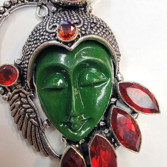 Sterling Silver Pendant with Green Carved Face and Red Garnet Accents - Picture 8 of 10